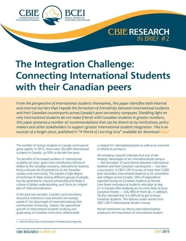 The Integration Challenge: Connecting International Students with their Canadian Peers